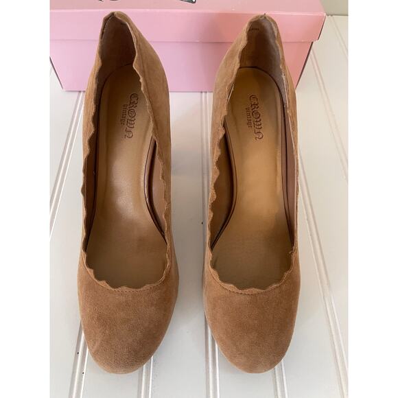Crown Vintage Cognac Suede Willow Block Camel Heel Pump Shoes - Size Women's 8.5 - Picture 3 of 12
